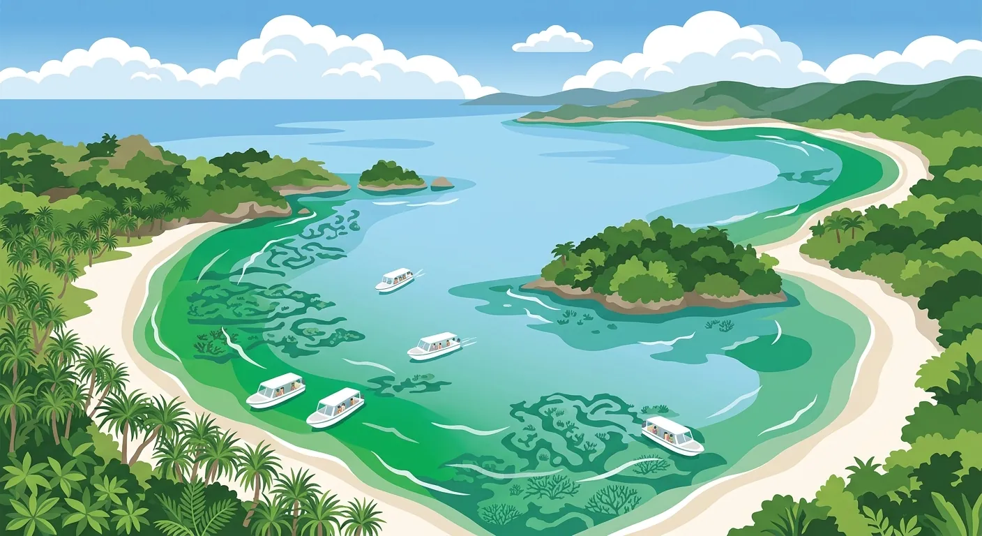 文章封面，呈現石垣島海灣與珊瑚礁淺海的景色