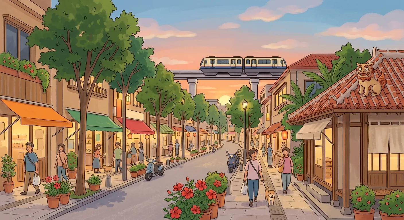那霸國際通傍晚街景，遠方是單軌電車高架軌道