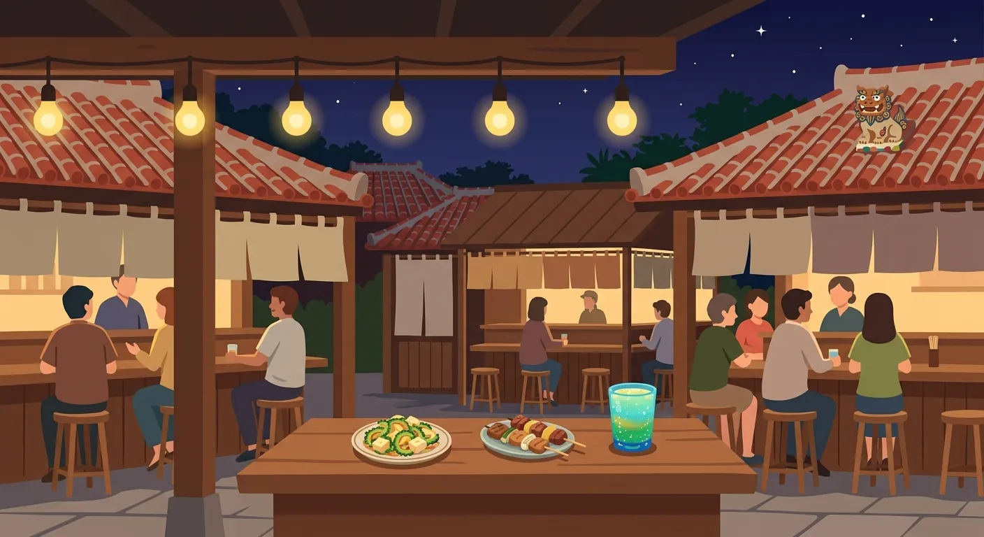 國際通屋台村夜晚的小店聚落與木製吧台座位