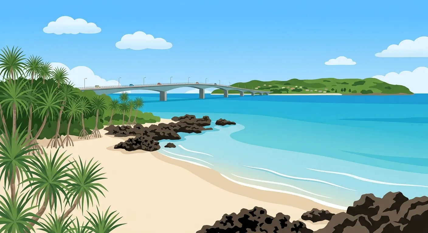 文章封面，呈現古宇利島海岸與大橋的代表景色