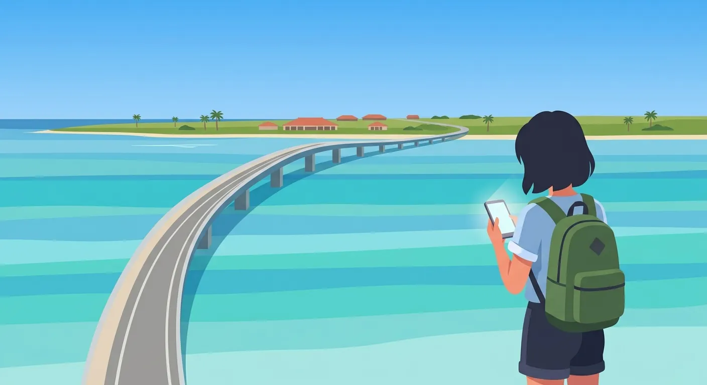 宮古島伊良部大橋旁的海邊，旅人低頭看手機