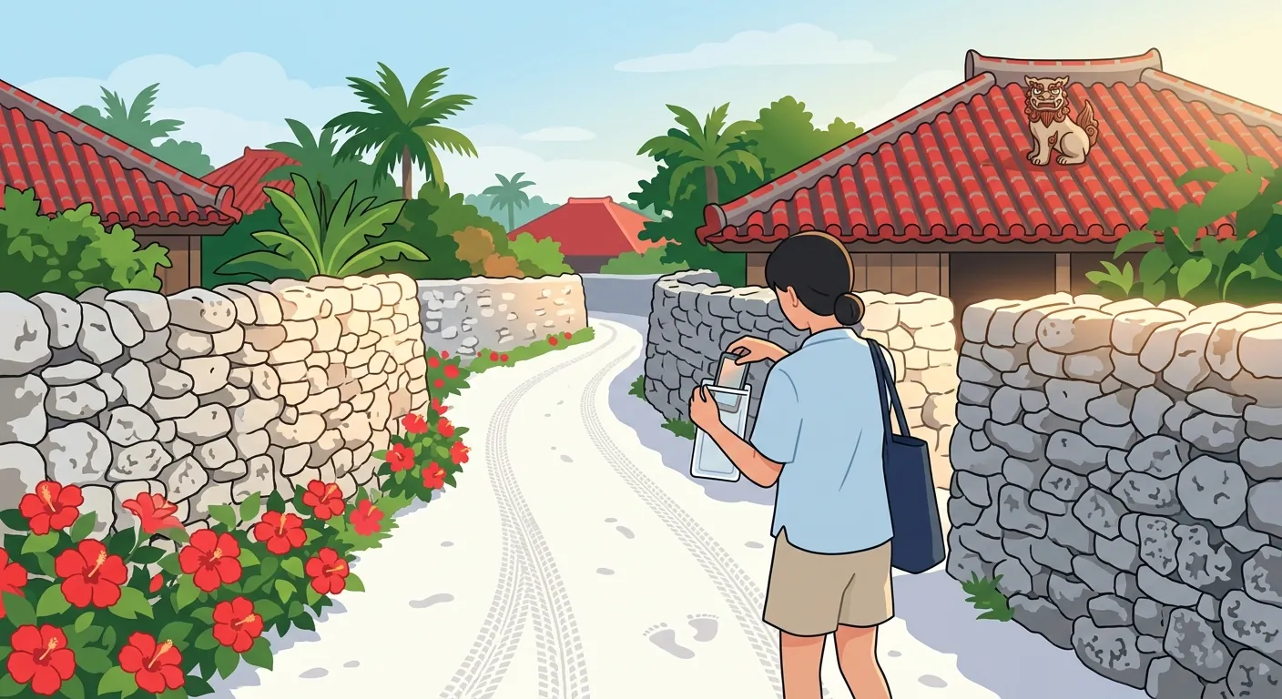 竹富島珊瑚石牆小路上，旅人把手機收進防水袋