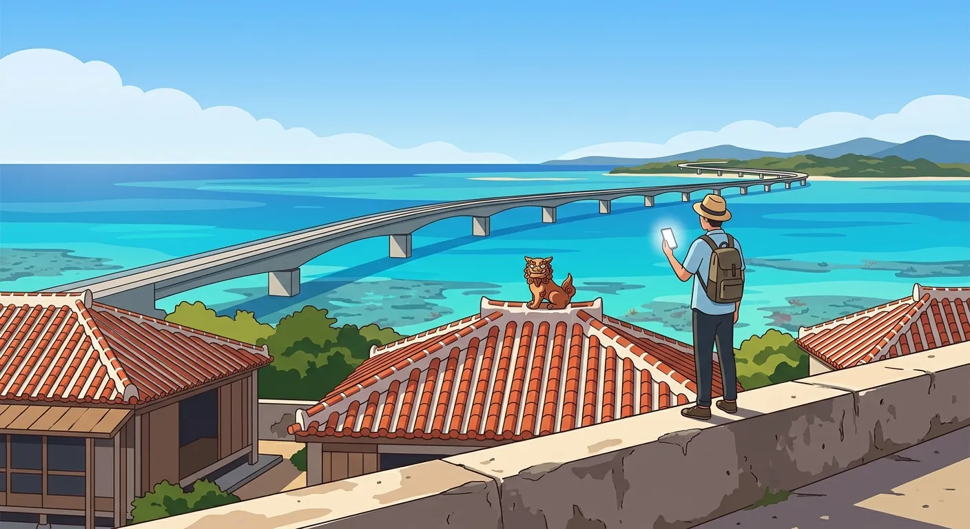 沖繩海邊紅瓦屋頂與跨海大橋前，旅人拿著手機準備上網