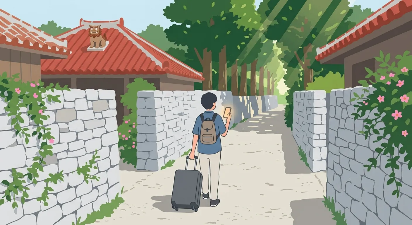 旅人拖著行李走在沖繩珊瑚石牆與紅瓦屋頂的巷子裡