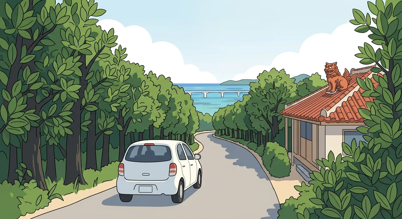 沖繩福木林道上的自駕車，遠方是珊瑚礁海與跨海大橋