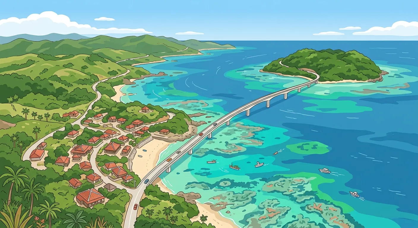沖繩行程推薦封面，海岸線、跨海大橋與紅瓦聚落