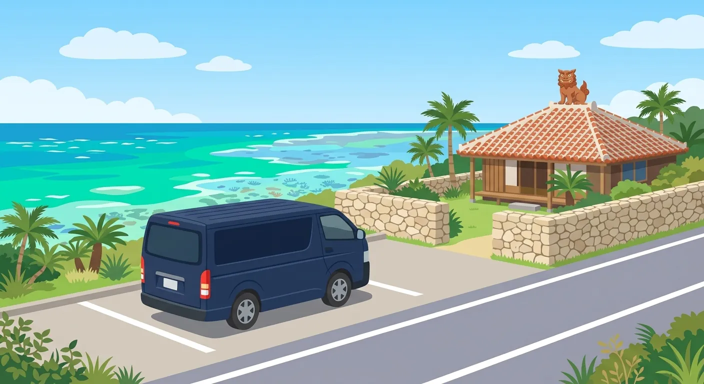 文章主視覺，呈現沖繩包車一日遊沿途停靠海景的情境