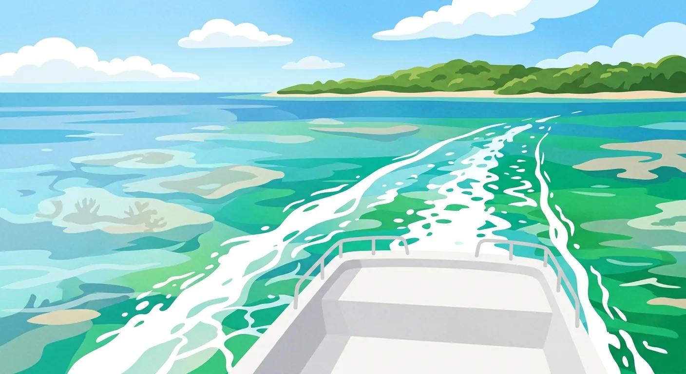 說明從沖繩本島搭船前往近海離島浮潛的情境