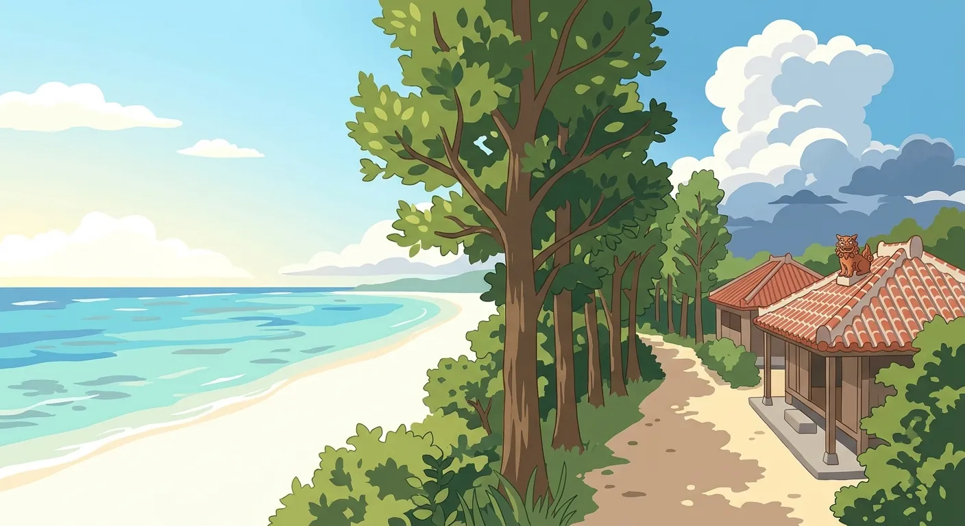 呈現沖繩夏季晴天與颱風季並存的景象，帶出颱風季節的主題