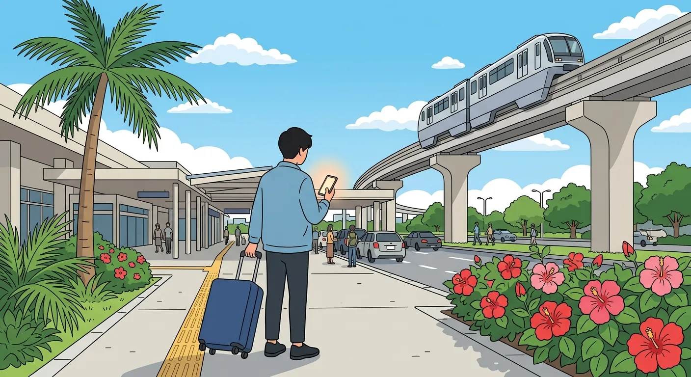 沖繩機場外的旅人看著手機，遠方是單軌電車高架軌道